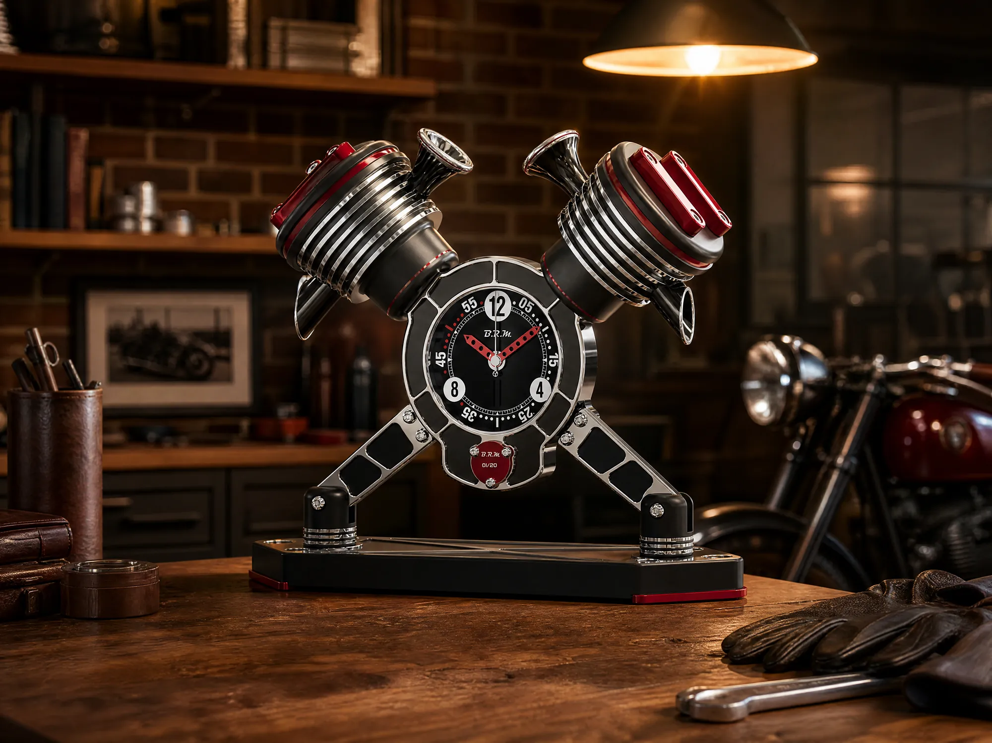 O V-Twin pousado numa bancada de oficina, entre ferramentas