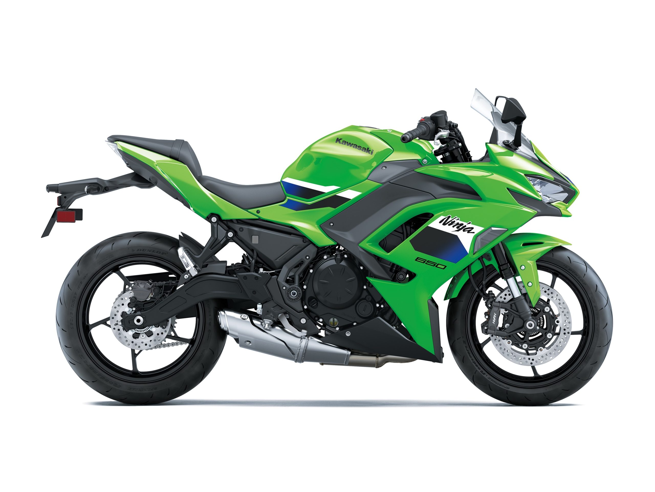 A Ninja 650 de 2027 em Lime Green, de perfil, já com a forquilha invertida Showa