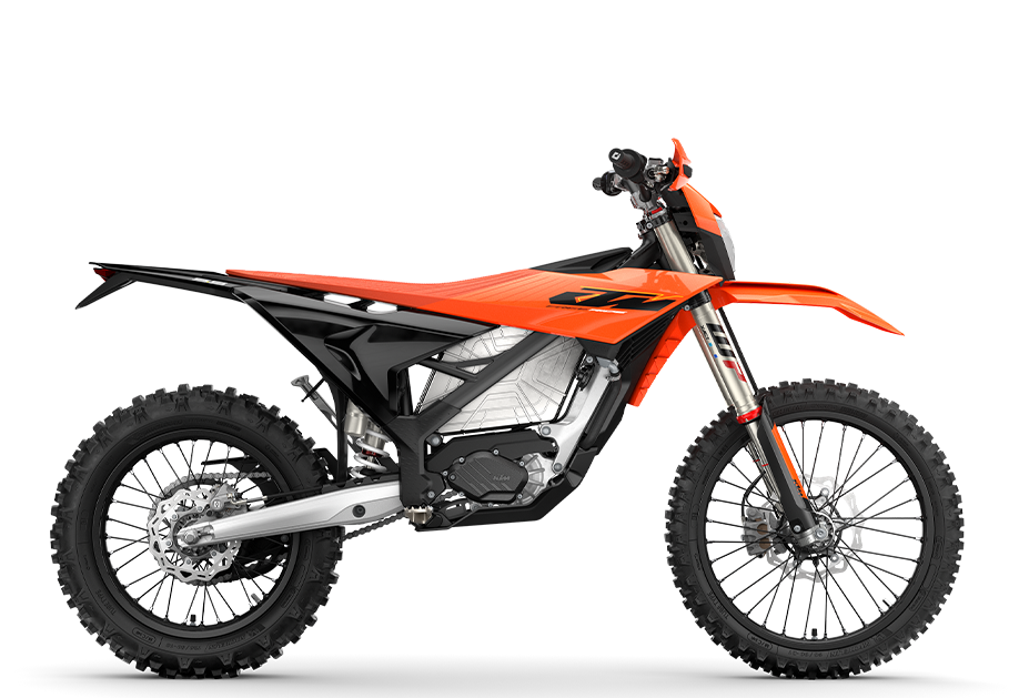 Perfil direito da Freeride E: 112 kg sem combustível e 910 mm de altura do assento