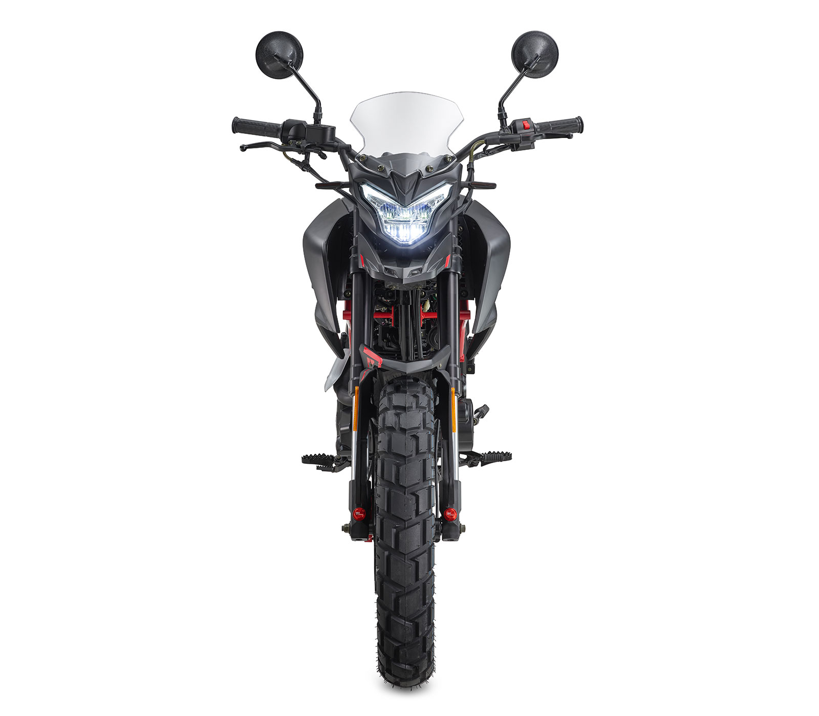 A frente da PXA 125 Adventure, com travão de disco hidráulico e sistema combinado CBS.