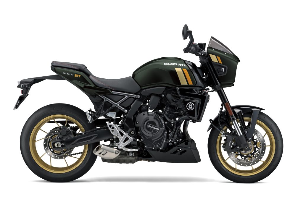 A GSX-8TT vista de lado, numa das duas cores de gama, em imagem oficial da Suzuki.