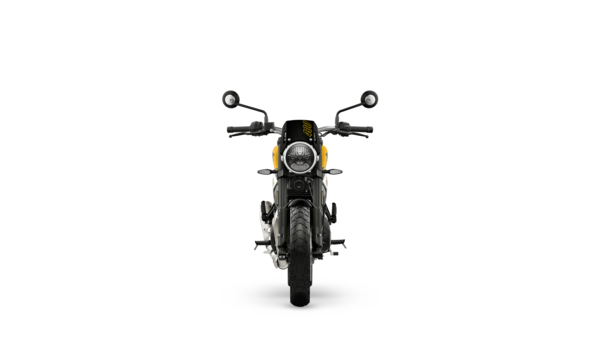 De frente, com a placa de número e o farol LED redondo, numa das imagens de imprensa da Triumph.