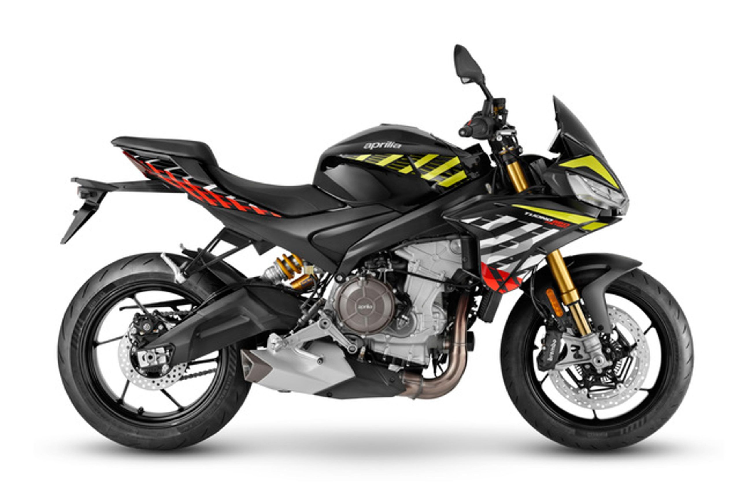 Aprilia Tuono 660 Factory de 2026, de perfil, na decoração Shakedown Yellow, em estúdio. Fotografia oficial da Aprilia.
