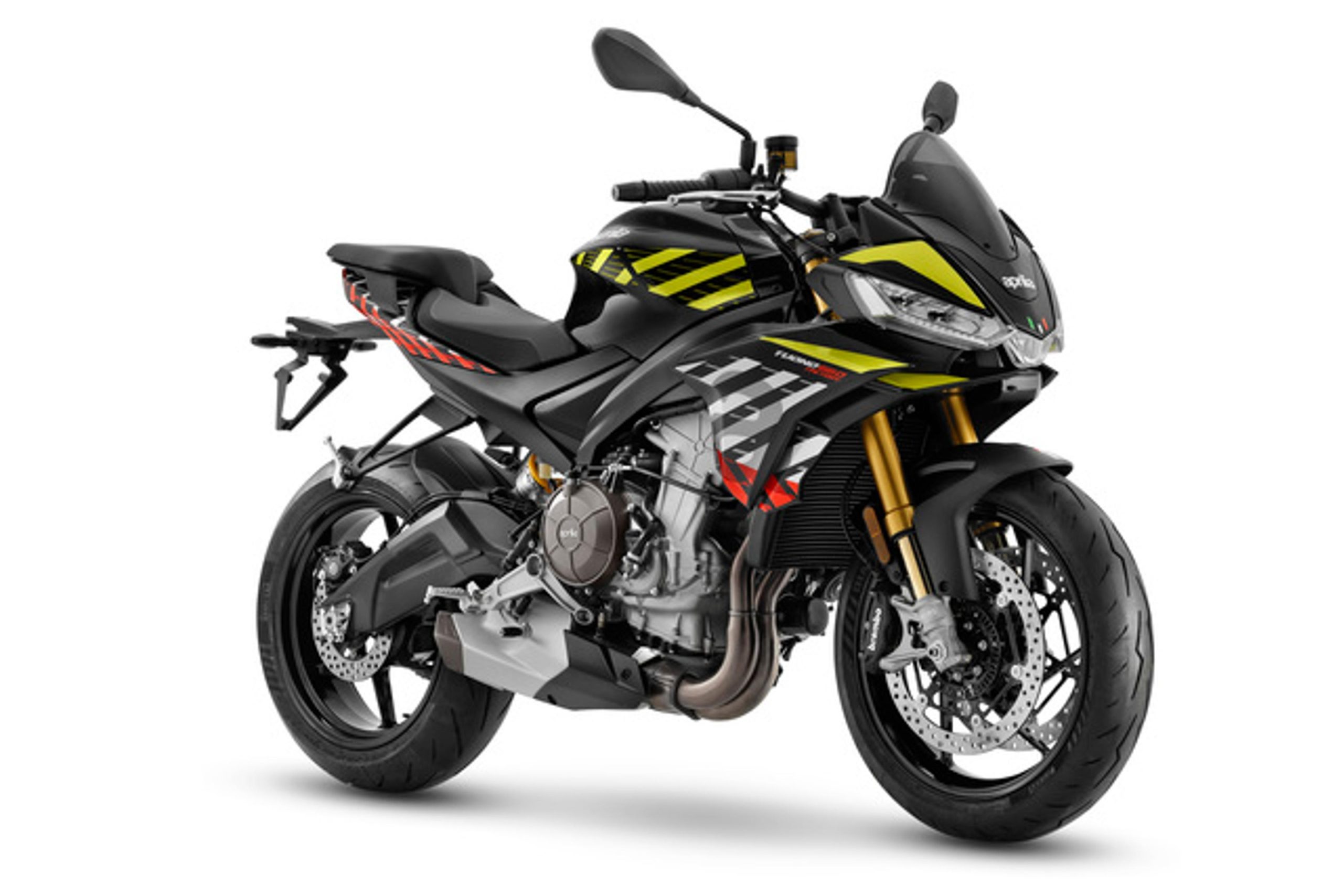 Aprilia Tuono 660 Factory de 2026, a três quartos de frente, em estúdio. Fotografia oficial da Aprilia.