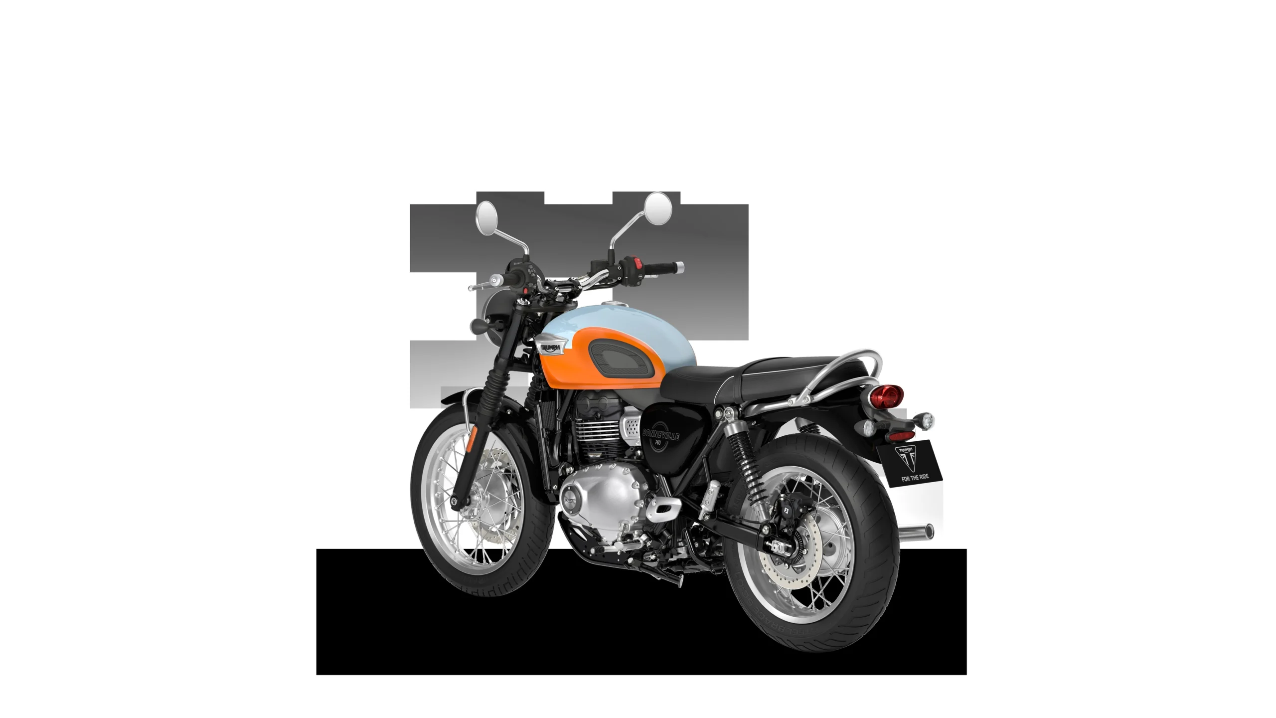 A Triumph Bonneville T40 MY27, em Meriden Blue, vista de trás e de lado.