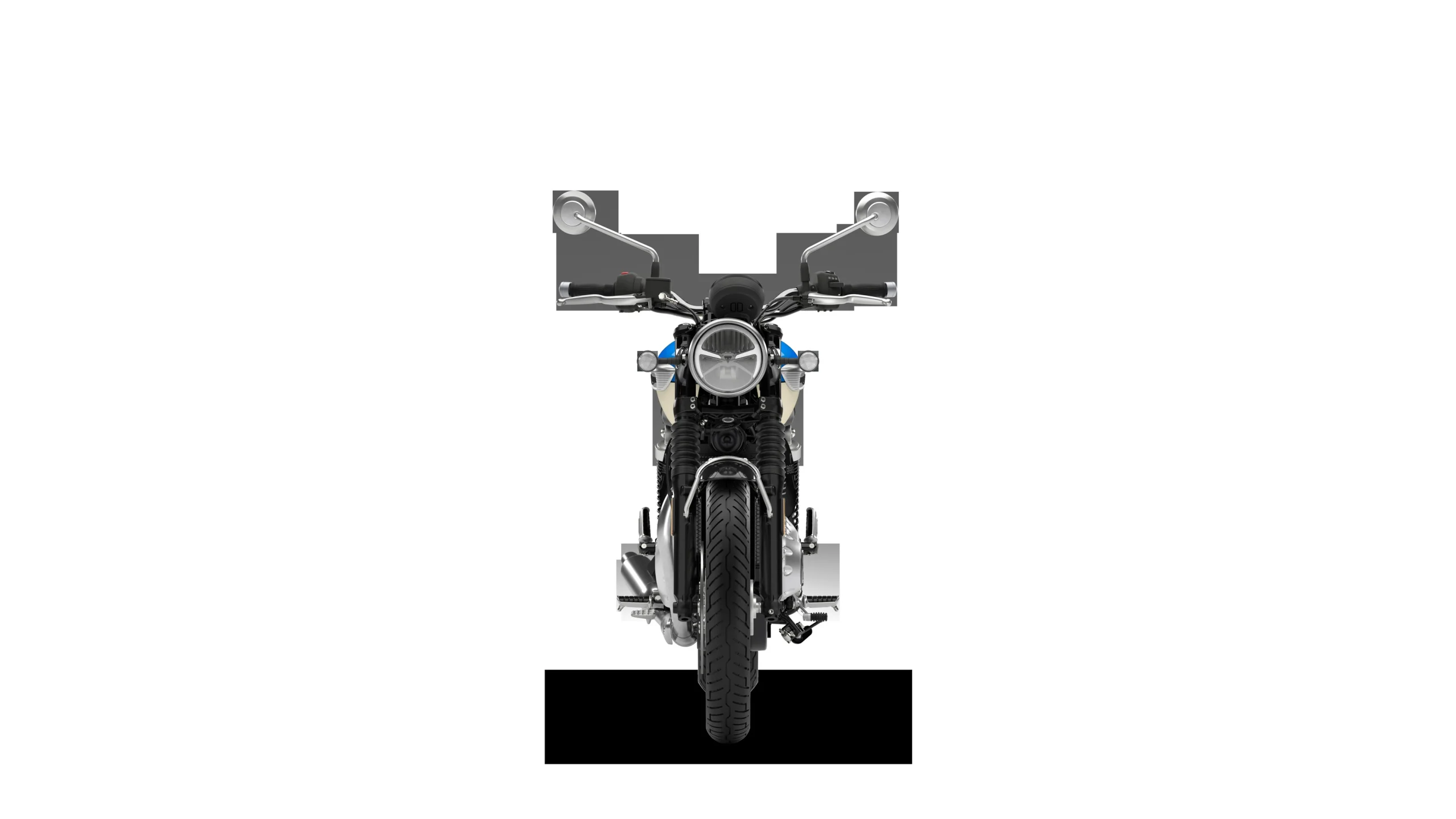 A Triumph Bonneville T40 MY27, em Aegean Blue, vista de frente.