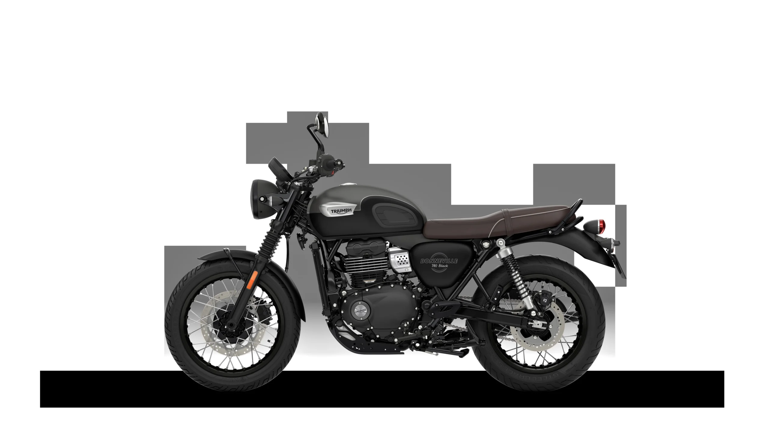 A Triumph Bonneville T40 Black MY27, em Matt Pewter Grey, vista de lado.