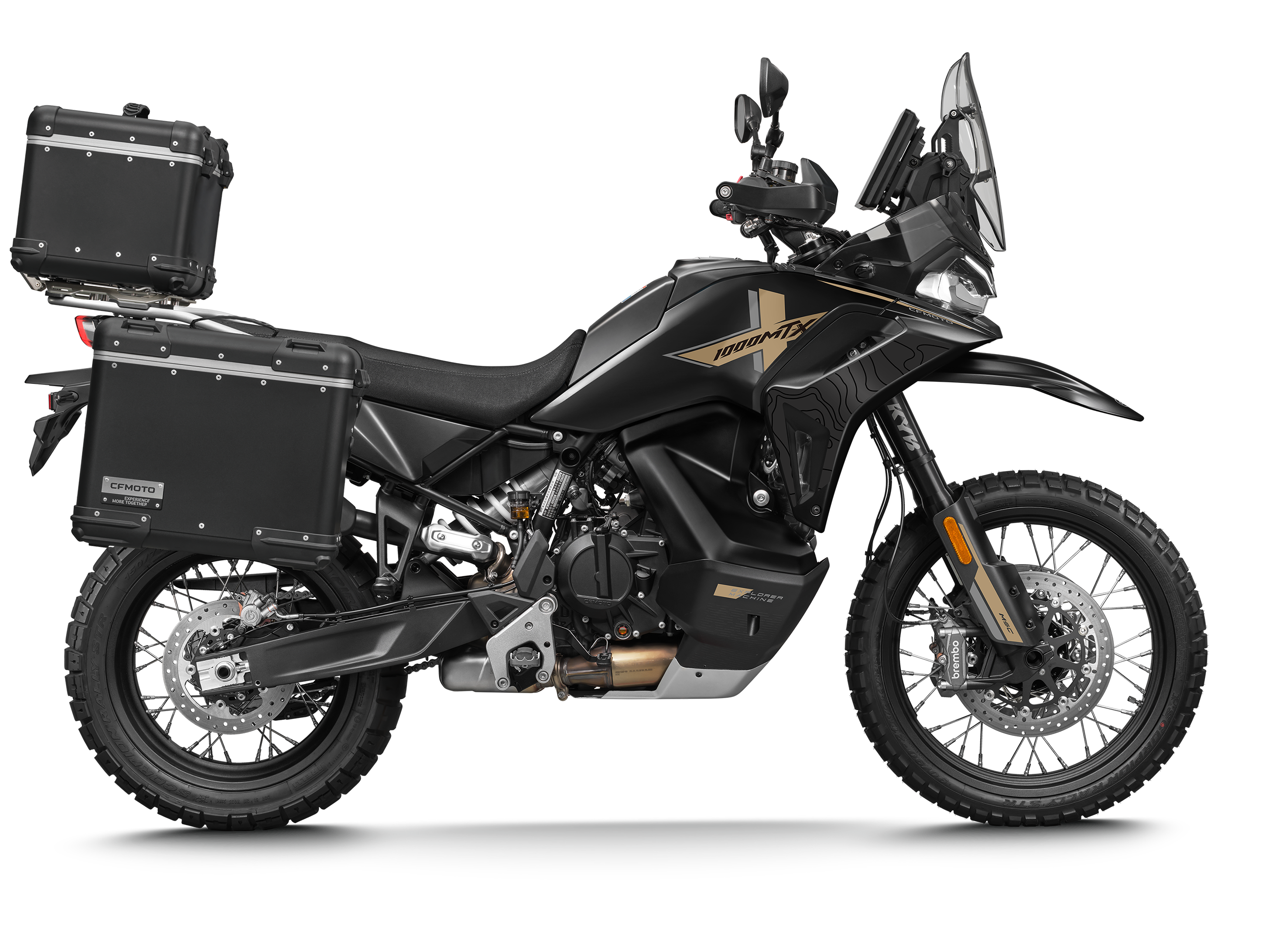 A CFMOTO 1000MT-X GT em Nebula Black, com as malas de série, vista do lado direito, na fotografia de catálogo do importador