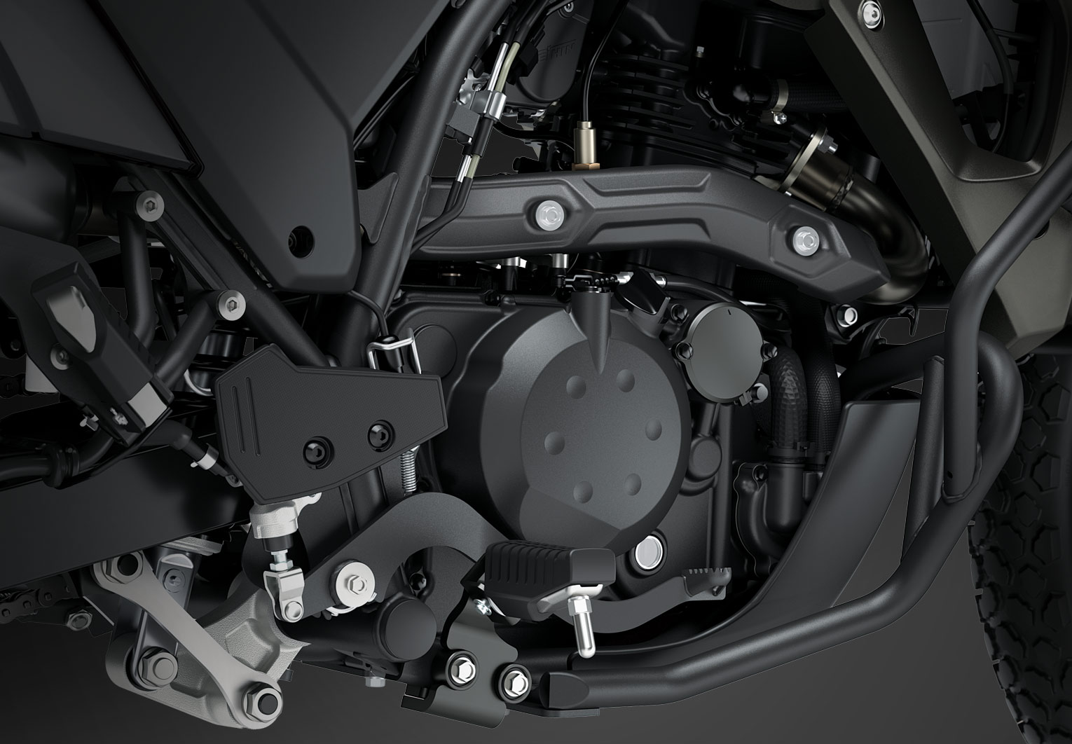 Kawasaki KLR650 DF ABS de 2027, na fotografia oficial da Kawasaki que acompanha a apresentação do motor monocilíndrico de 652 cc