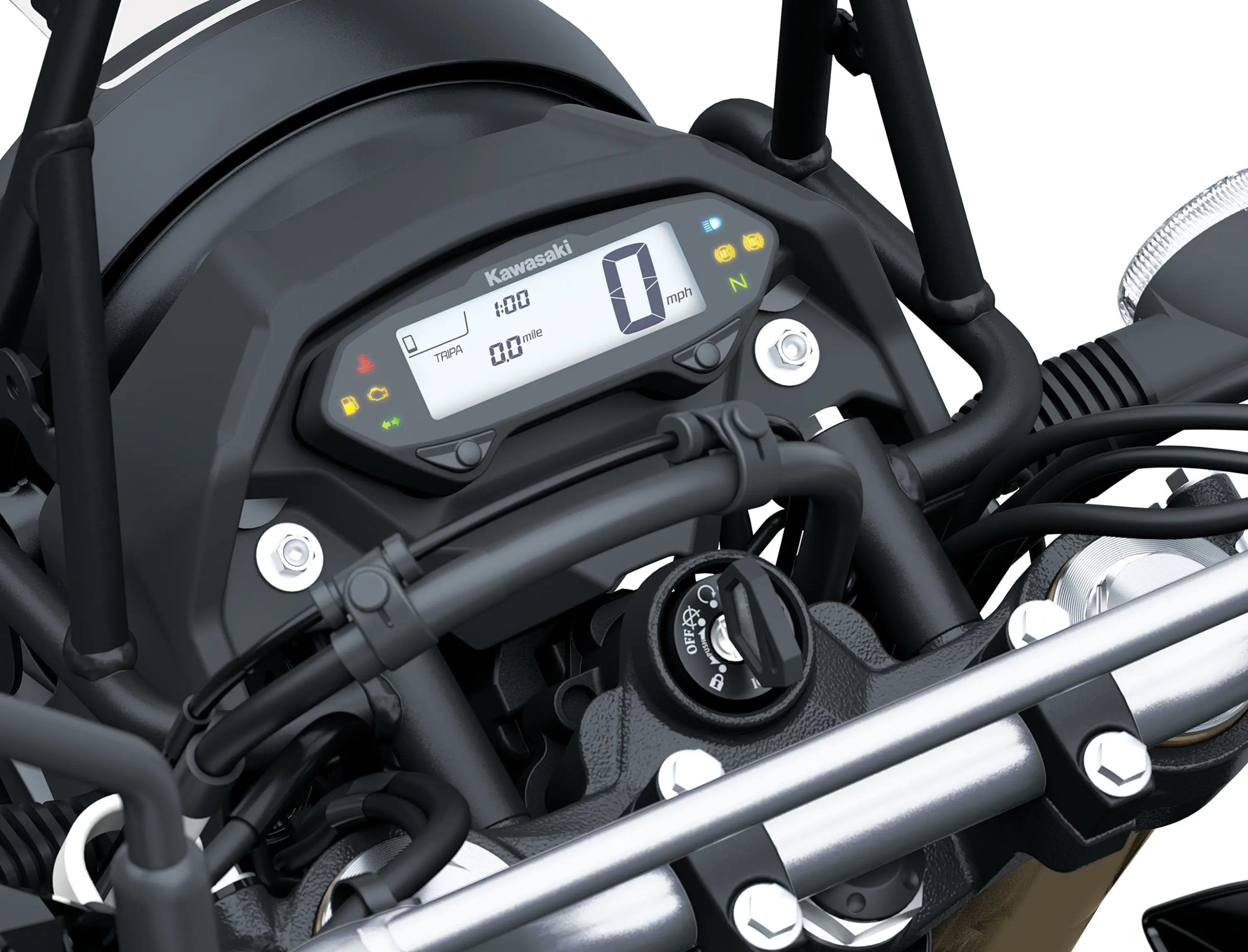 A Kawasaki KLX300 XPL ABS de 2027; a imagem não destaca o motor.