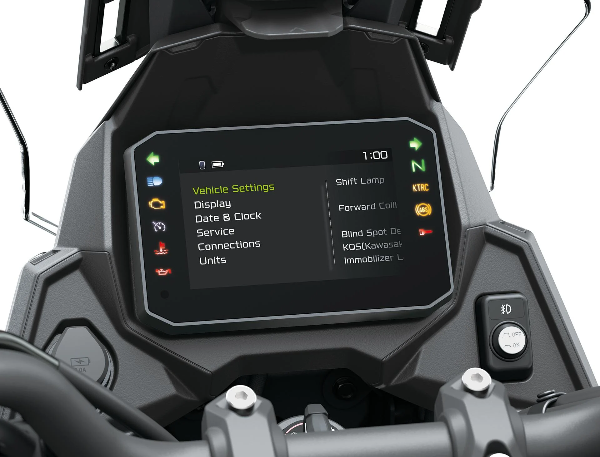 A instrumentação TFT da Kawasaki Versys 900 SE de 2027.