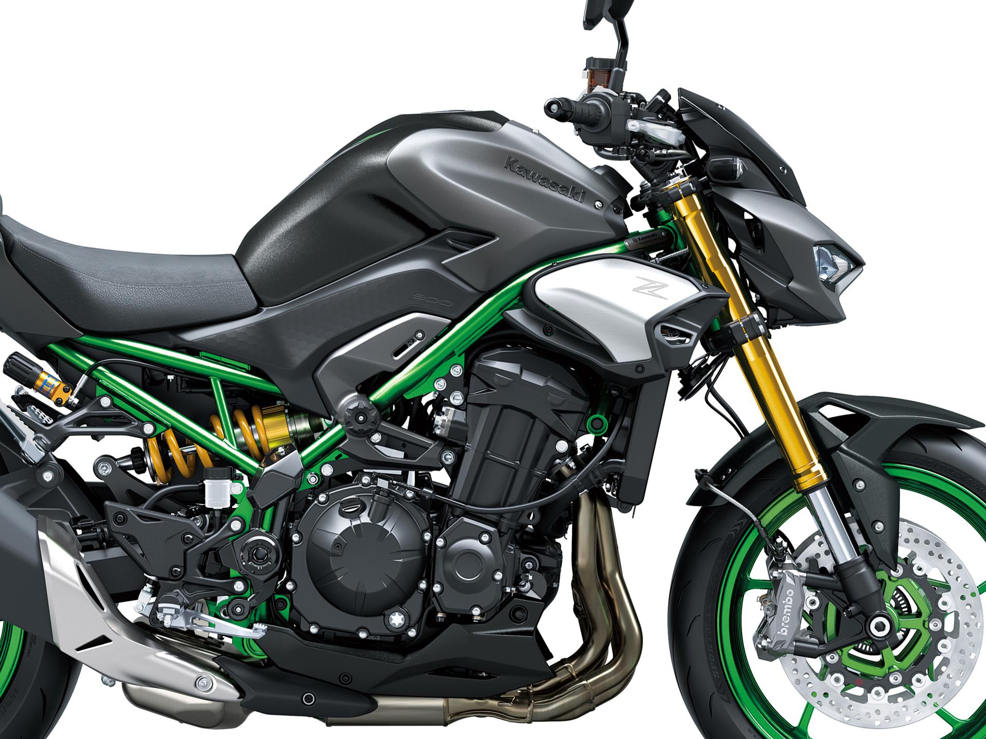 Kawasaki Z900 SE de 2026, com o equipamento específico de suspensão e travões.