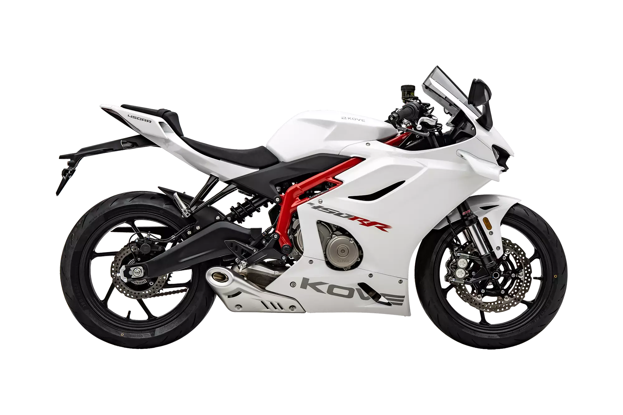 A KOVE 450RR branca, numa fotografia oficial da marca.