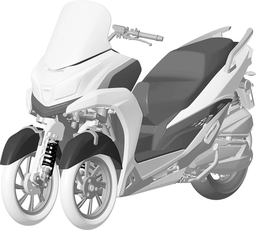 Desenho oficial da patente do novo scooter Kymco de 3 rodas, ainda sem nome de modelo.