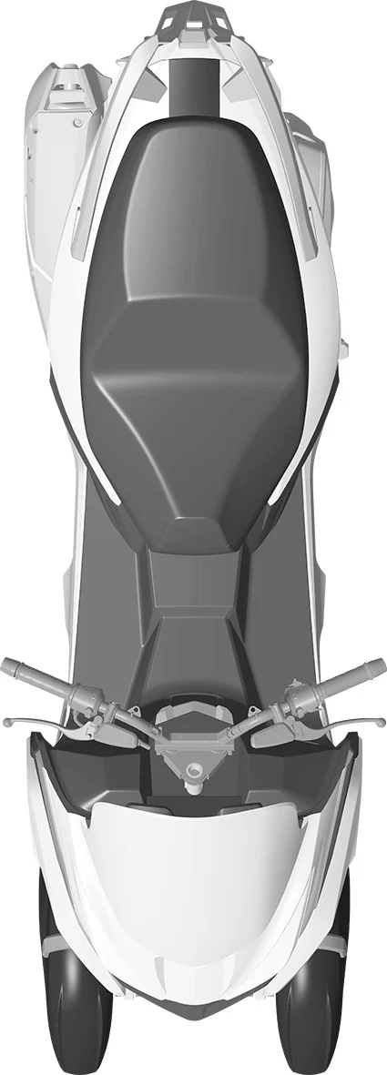 Desenho da patente do scooter Kymco de 3 rodas, ainda sem nome de modelo.