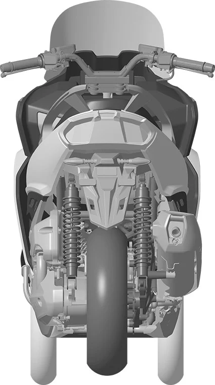 Desenho da patente do scooter Kymco de 3 rodas, ainda sem nome de modelo.