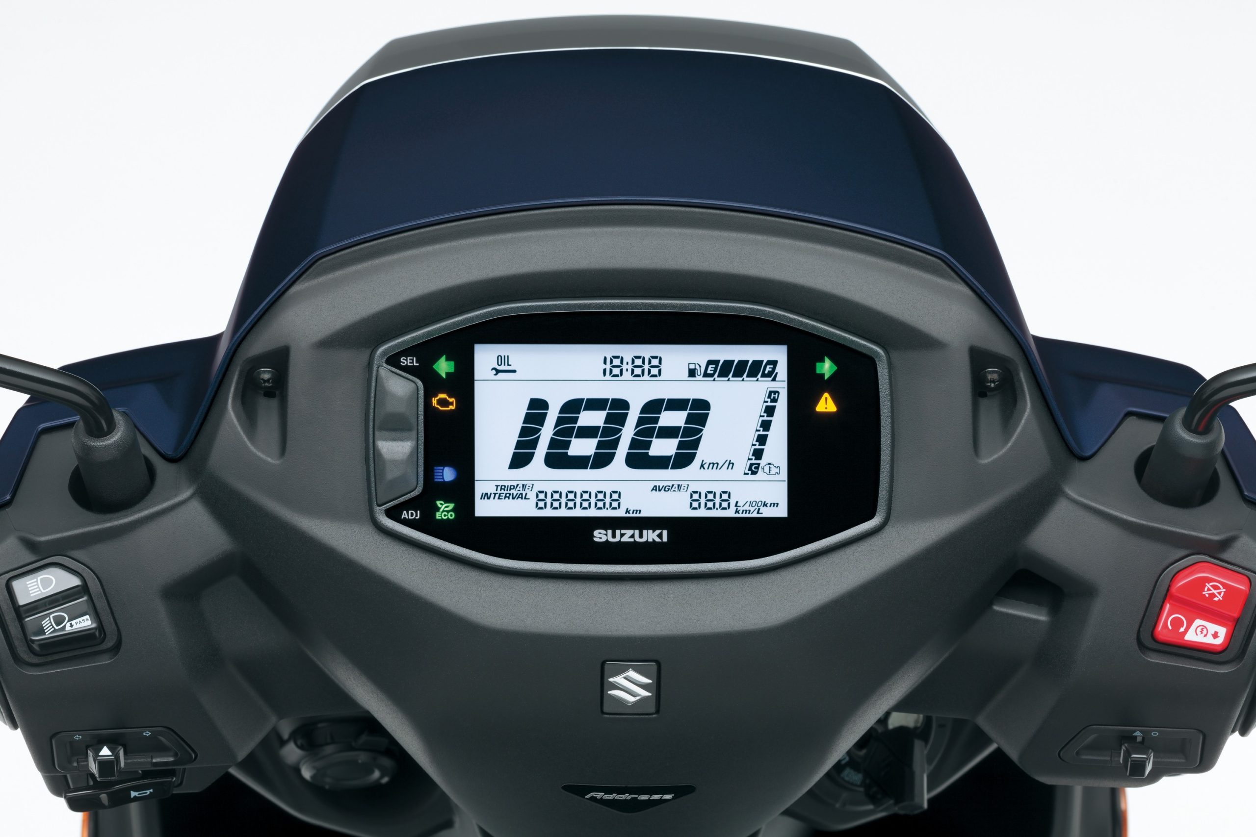 O painel de instrumentos LCD da Suzuki Address 125 de 2026, numa fotografia oficial da Suzuki