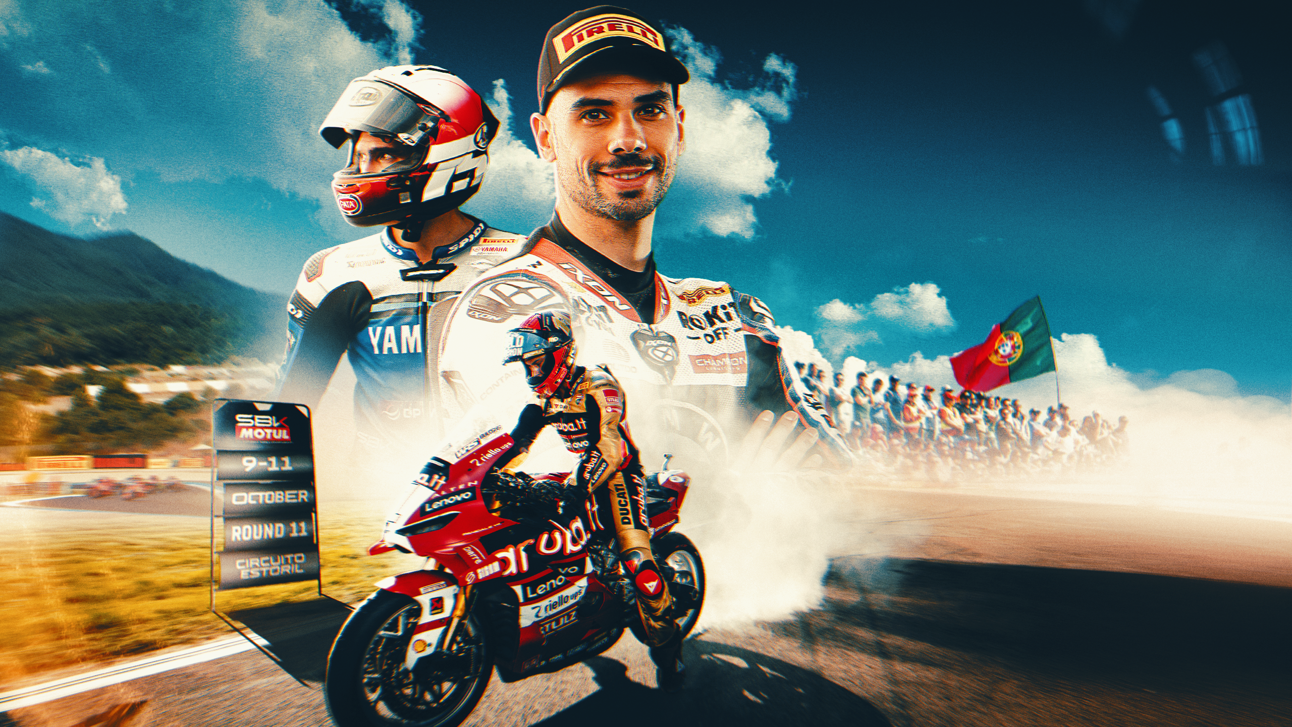 Imagem oficial do WorldSBK para a antevisão da ronda do Estoril. Pilotos não identificados pela fonte; não se confirma que mostre Miguel Oliveira.