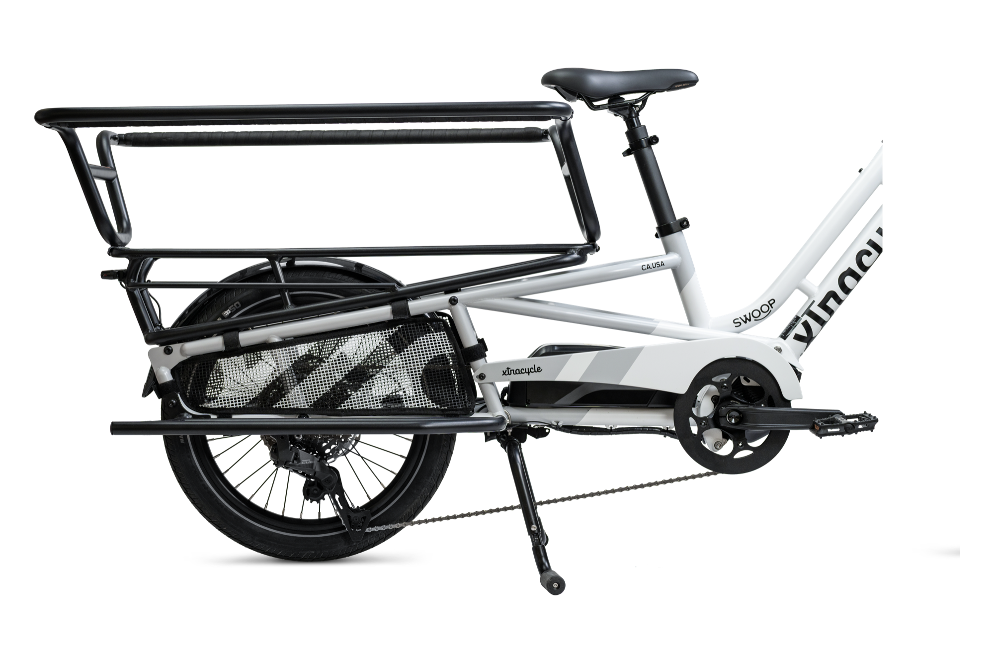 A Xtracycle Swoop ASM, com a plataforma traseira e a estrutura de proteção.